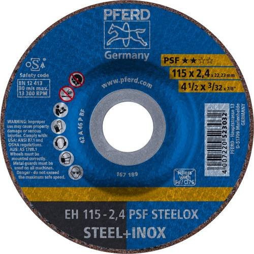 PFERD PSF STEELOX Trennscheibe gekröpft für Stahl und Edelstahl, Farbe: Blau, Durchmesser: 115 mm, Bohrung: 22,23 mm, Menge: 25 Stück - Bild 1