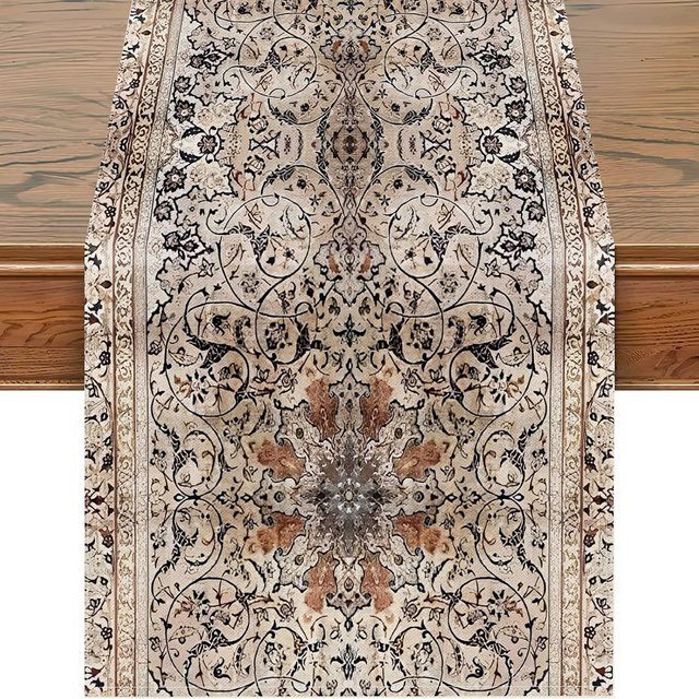 VIKAMA Luxus-Tischläufer mit orientalischem Blumenmuster in Beige und Braun, rechteckig, B/T: 90 x 33 cm - Bild 1