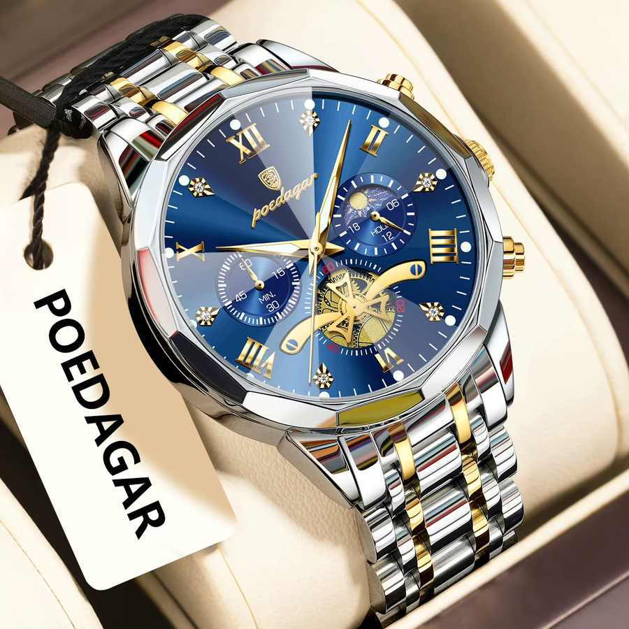 POEDAGAR Armbanduhr Chronograph, Quarz, Edelstahl, Blau, Herren - Bild 2