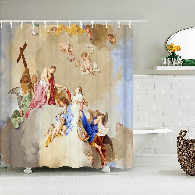 Baifenbai Home Furnishing Duschvorhang Der Garten der Lüste mit Engel und Jesus Christus Motiv, Polyester, Mehrfarbig, B: 150 cm, H: 180 cm - Bild 1