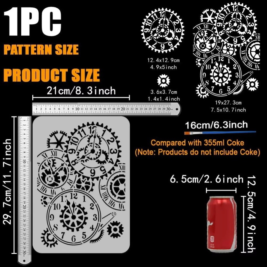 Steampunk Gear Schablonen Set mit Pinsel im Retro-Design, Breite: 29,7 cm, Höhe: 29,7 cm - Bild 2
