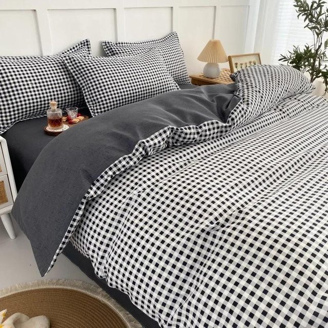Bin Chi Textiles Bettwäscheset mit Karomuster und floralem Print in Schwarz und Weiß, bestehend aus Bettbezug, Kissenbezug und Bettlaken, B/H: 150 x 200 cm - Bild 1