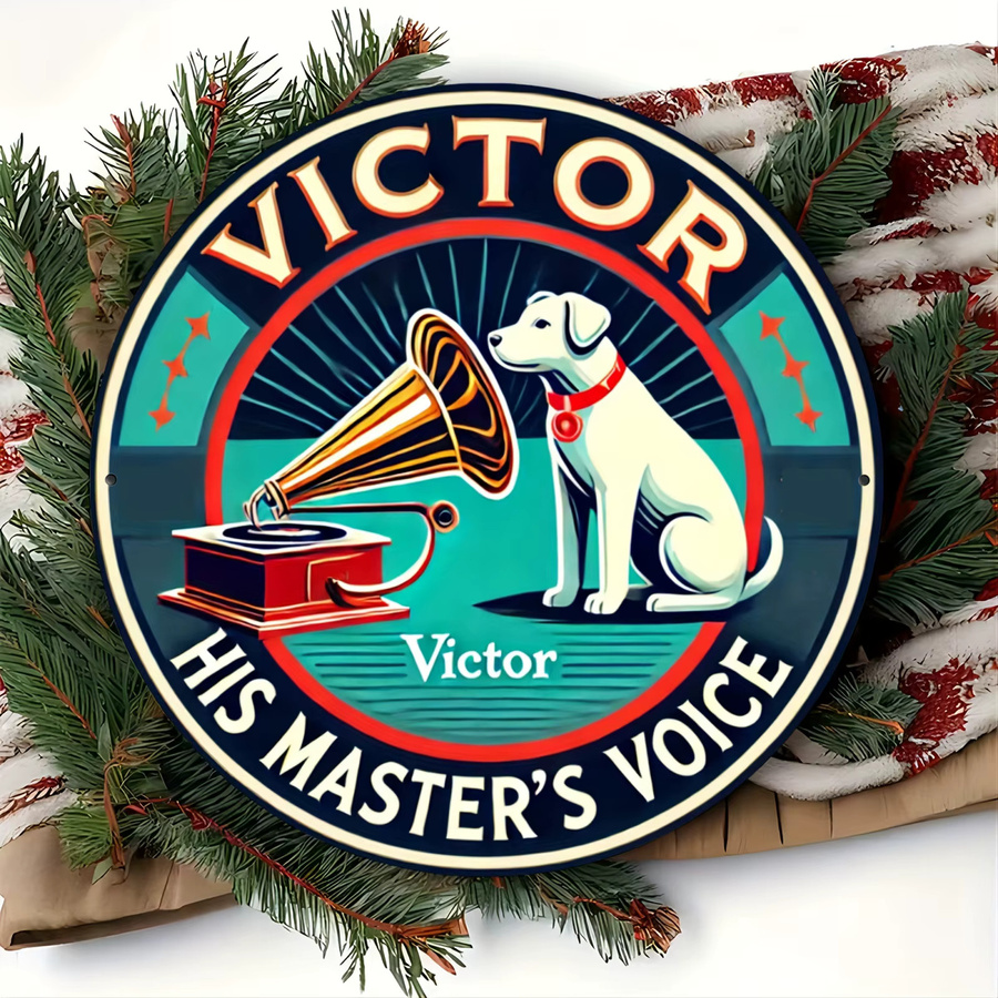 Victor His Master's Voice Rundes Aluminiumschild von Potdemiel – Vintage Metallwandkunst mit Hund und Grammophon, Mehrfarbig, Durchmesser: 20,3 cm - Bild 5