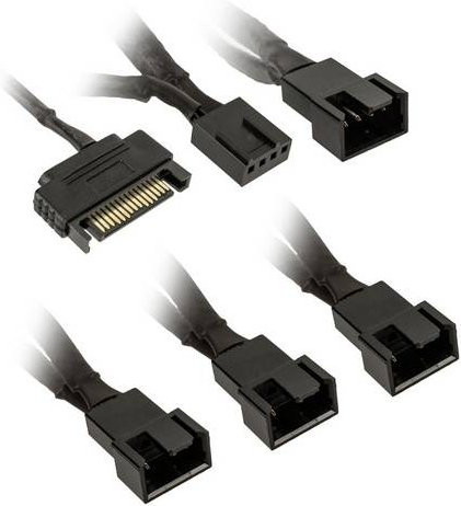 Kolink PC-Lüfter Y-Kabel Schwarz, 1x 4-poliger Stecker auf 4x 4-polige Buchsen und 1x 3-polige Buchse, Länge: 35 cm - Bild 1