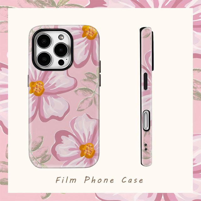 Potdemiel Handyhülle mit rosa Blumen-Design für iPhone 17 16 15 14 13 12 11 Pro Max Plus mit doppelschichtiger Rückabdeckung - Bild 1