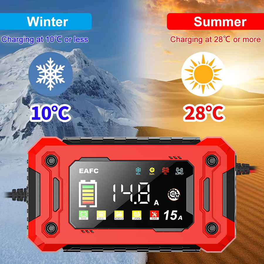 EAFC Smart Batterieladegerät 12V mit 15A/8A Puls-Reparatur und Display für Auto, Motorrad sowie Blei-Säure, AGM und GEL Batterien in Rot - Bild 4