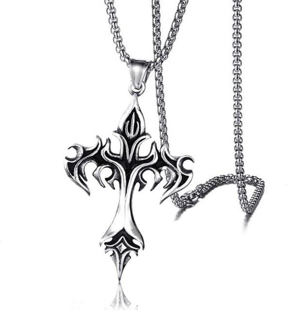 Sayes Anhänger Halskette, Gothic Flamme Kreuz, Edelstahl, Silber, 50cm, Herren - Bild 1