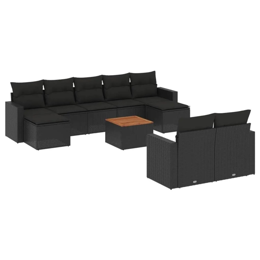vidaXL 10-teilige Garten-Sofagarnitur aus Poly-Rattan und Akazienholz in Schwarz mit Kissen - Bild 2