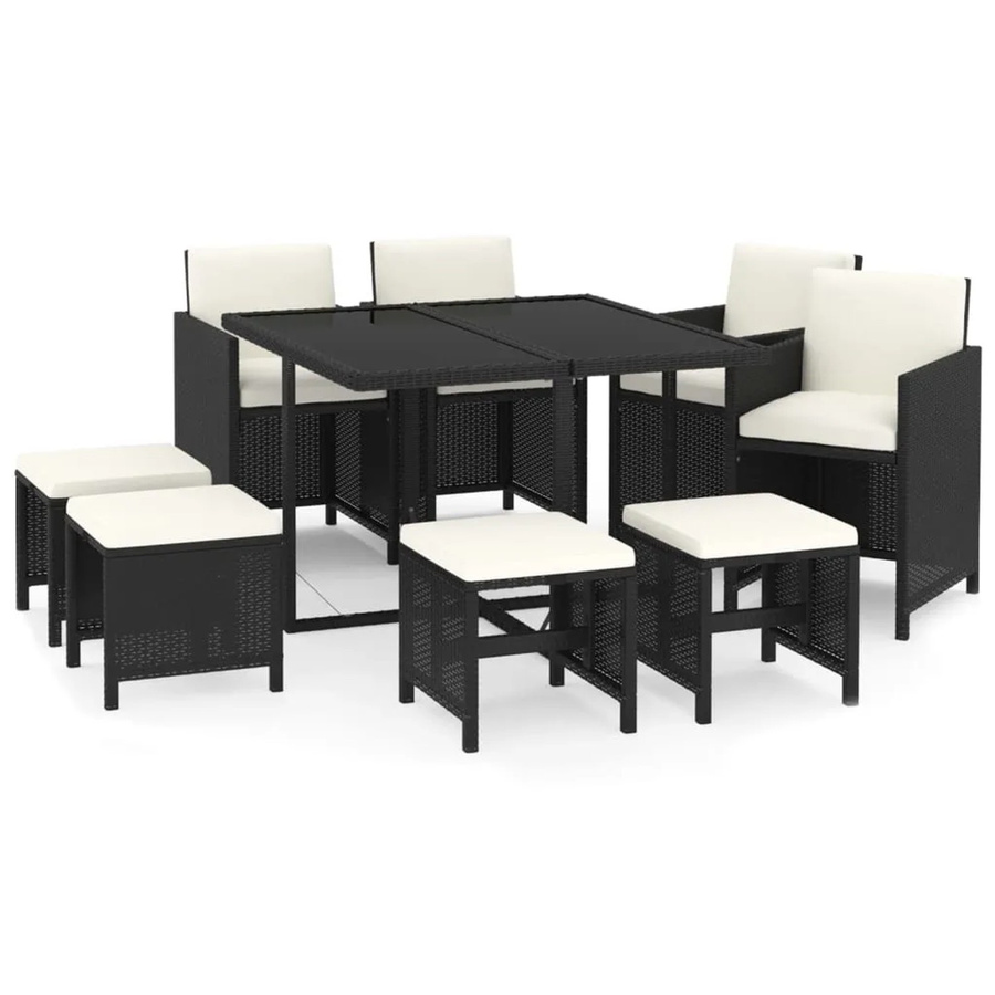 vidaXL 9-tlg Garten-Essgruppe aus Poly Rattan in Schwarz mit Kissen und Hartglas-Tischplatte - Bild 2