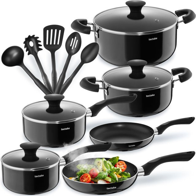 tectake Aluminium Kochtopfset Varese, 15-teilig mit Antihaftbeschichtung und Glasdeckeln, Schwarz, B/T/H: 46 x 26 x 5 cm - Bild 1
