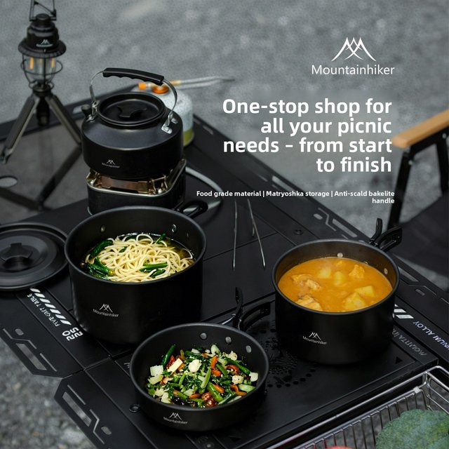 MOUNTAINHIKER Camping Kochset aus Aluminiumlegierung in Schwarz und Grau, Drei-, Vier- oder Fünfteiliges Set mit Topf und Pfanne für Outdoor und Picknick - Bild 1