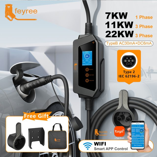 Feyree Tragbares EV-Ladegerät Typ2 mit Wi-Fi-Steuerung und Smart APP, 22KW/11KW/7KW Schnellladung, Schwarz - Bild 1