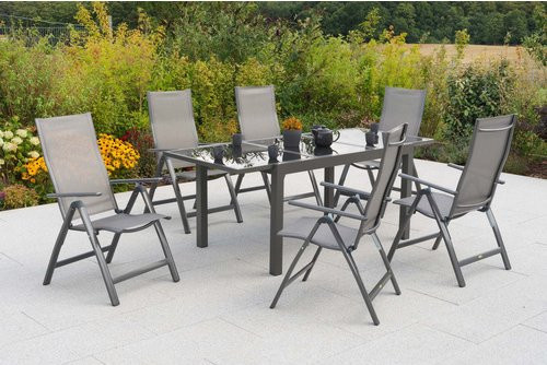 MERXX Gartenmöbel-Diningset Carrara, 7-teiliges Set aus Aluminium und Glas in Braun, 6 Sitzplätze, ausziehbar, Tisch Maße: B: 150 cm, T: 90 cm, H: 76 cm, Stühle Maße: B: 50 cm, T: 60 cm, H: 100 cm - Bild 1
