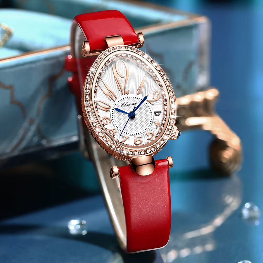 CHENXI Armbanduhr, Quarz, Leder, Roségold, Grün, Damen - Bild 2
