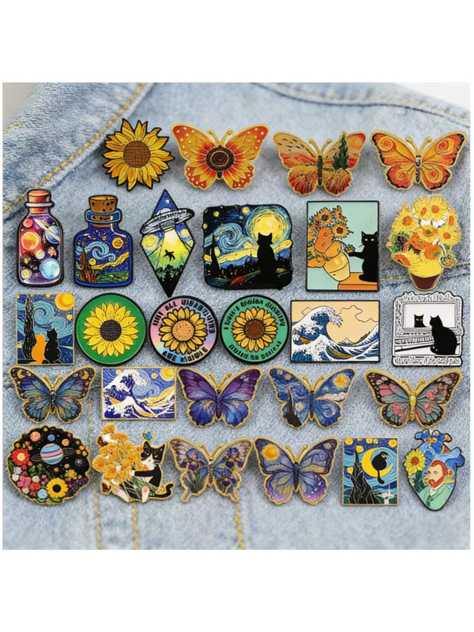 Van Gogh Broschen, Emaille-Pins, Sternennacht, Sonnenblume, Schmetterling, Unisex - Bild 3