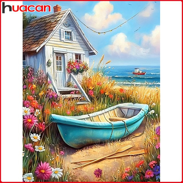 Huacan Diamant-Stickerei Set Maritime Landschaft mit Boot und Haus, Multicolour, B/H: 30 x 20 cm - Bild 1