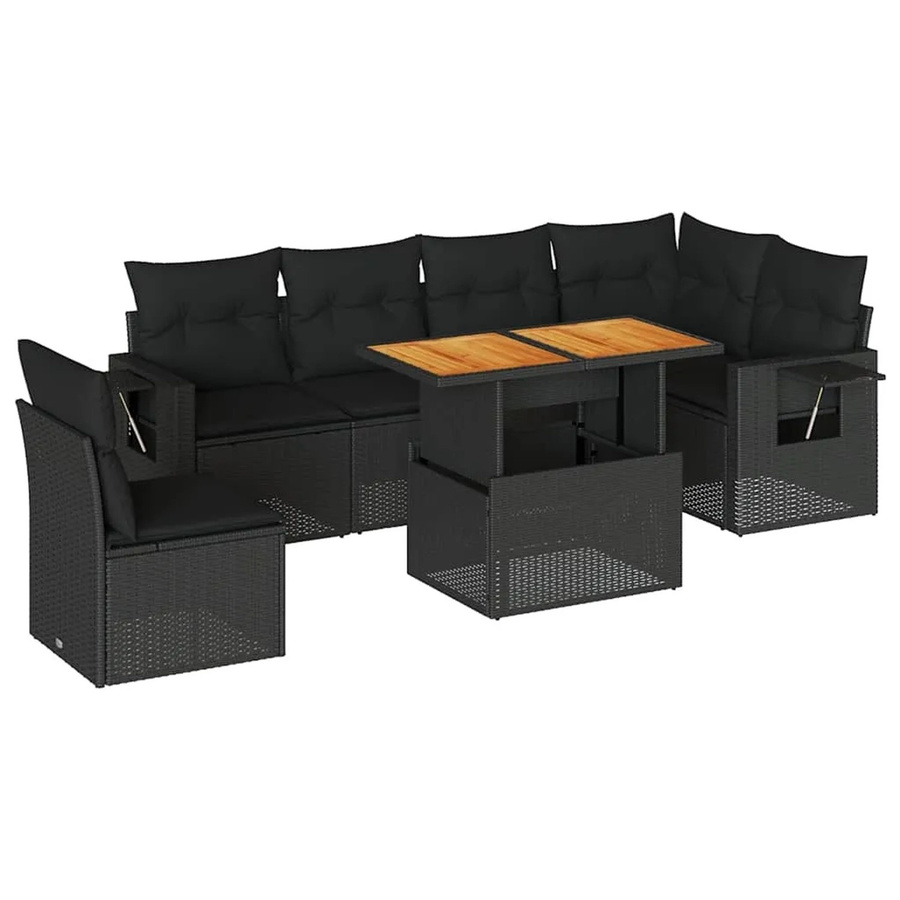 vidaXL 7-teilige Garten-Sofagarnitur in L-Form aus Polyrattan und Akazienholz mit Kissen in Schwarz - Bild 2