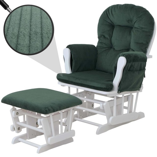MCW Relaxsessel C76 Schaukelstuhl mit Hocker aus Cord in Grün mit weißem Holzgestell - Bild 1