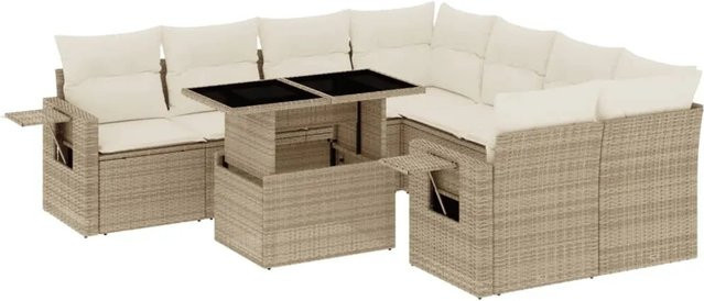 vidaXL 9-tlg Garten-Sofagarnitur aus Poly Rattan in Beige und Cremeweiß mit Kissen - Bild 1