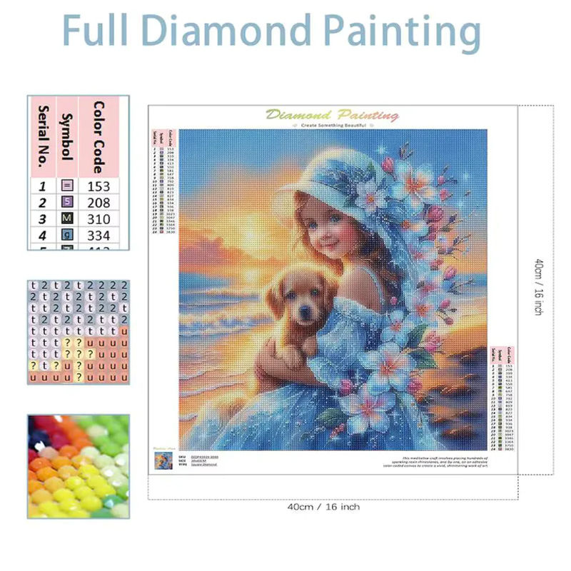 SDOYUNO 5D Diamantgemälde Set Strandmädchen mit Welpe und Blumen, Mehrfarbiges Strass-Mosaik zum Selbermachen für Kinder und Heimdekoration - Bild 3
