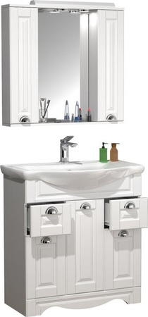 VCM Badmöbel Set Casalo XL in Landhaus-Optik, 3-teiliges Waschplatz-Komplettset mit Keramik-Waschbecken, Unterschrank und Spiegelschrank, Farbe: Weiß, Breite: 75 cm