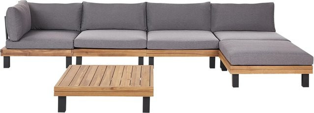 Beliani Lounge Set FRAZZANO L-Form aus Akazienholz mit Ottoman und Couchtisch, Grau, Heller Holzfarbton - Bild 1