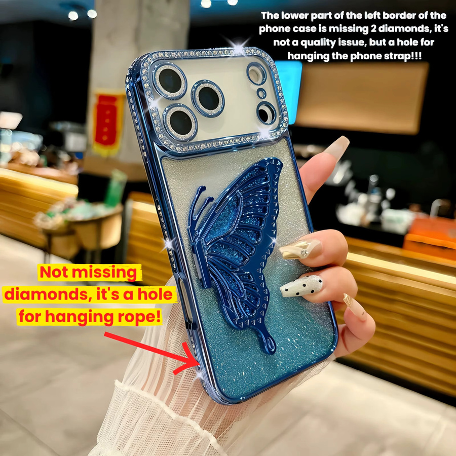 ZHUOHUAN Diamant-Schmetterlings-Handyhülle für iPhone 11 bis 17 Pro Max Plus in Blau mit Glitzer-Rückseite und Galvanisierung - Bild 2