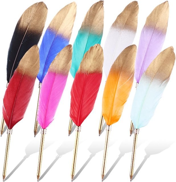 Banban 10er Set Federkiel-Kugelschreiber im Vintage-Stil mit verchromtem Schaft und gelber Tinte, 0,5 mm, Farbe Champagner - Bild 1