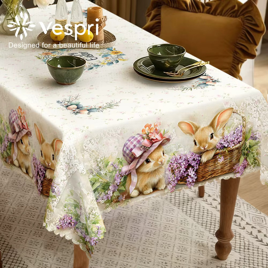 Vespri Oster-Tischdecke aus Polyester in Weiß und Lila mit Blumen- und Hasenmuster für Party und Dekoration - Bild 3