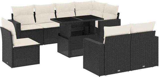 vidaXL 9-teilige Garten-Sofagarnitur in L-Form aus Poly-Rattan mit Kissen in Schwarz-Creme - Bild 1