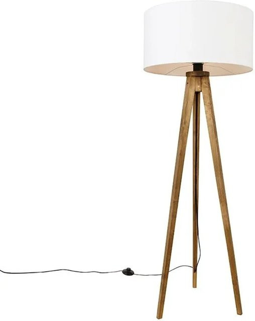 QAZQA Vintage Holz Stativ Lampe mit weißem Schirm im rustikalen Stil, Bodenlampe aus Holz in Weiß und Braun, Durchmesser Schirm: 50 cm - Bild 1