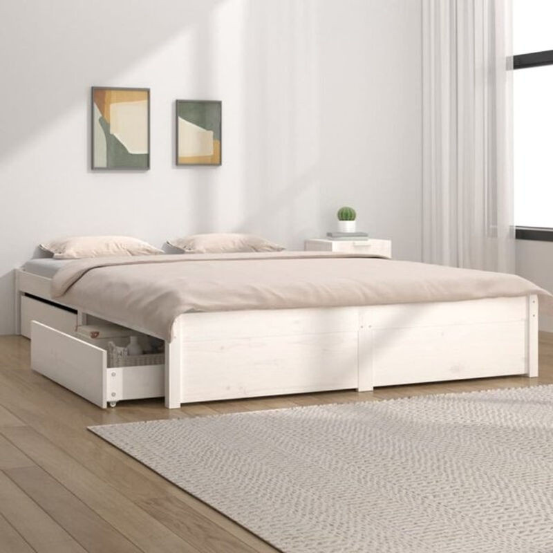 Massivholzbett vidaxl mit Schubladen in Weiß, B/T/H: 150 x 200 cm - Bild 1
