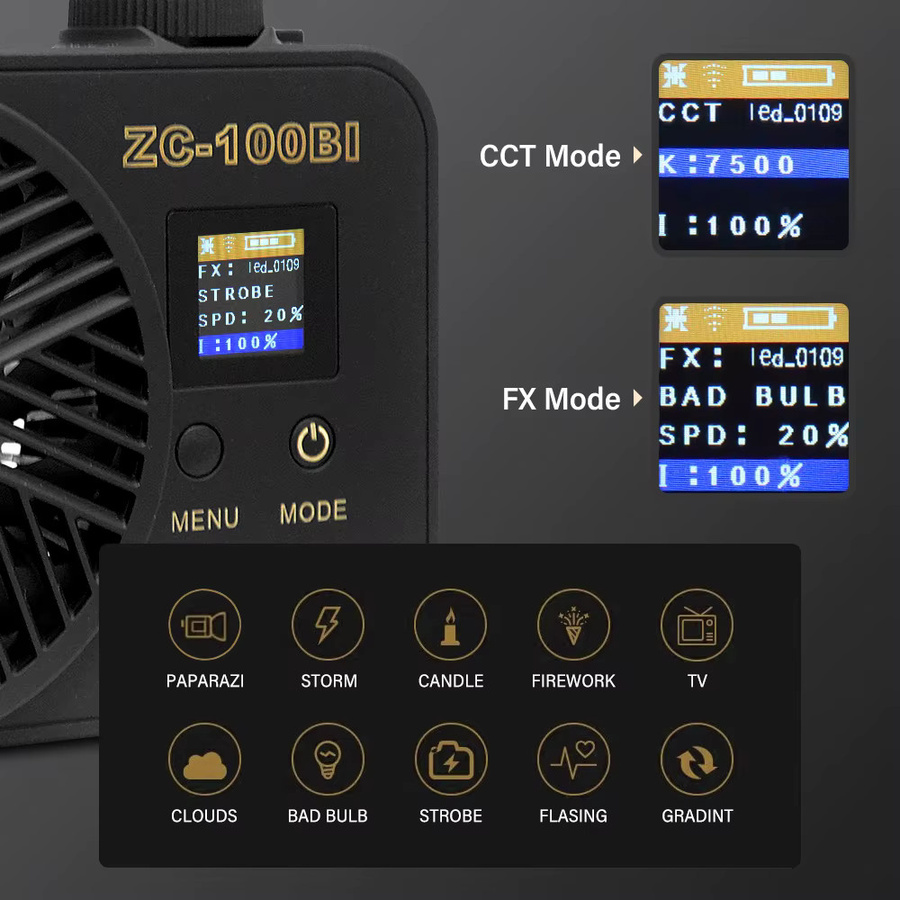 Yidoblo COB-Videoleuchte 100 W mit einstellbarer Farbtemperatur 2700–7500 K, tragbarer kontinuierlicher Lichtstrahler für Studio und Influencer, CRI95+, Schwarz - Bild 3
