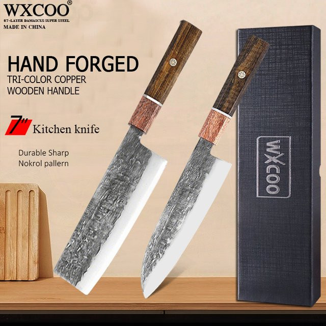 WXCOO Kiritsuke Kochmesser aus Japan mit gehämmerter Klinge und Holzbox in Silber - Bild 1