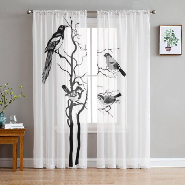 Super Six Transparentes Voile-Organza-Sichtvorhang mit Vogelsilhouette in Weiß, Breite: 135 cm, Höhe: 160 cm - Bild 1
