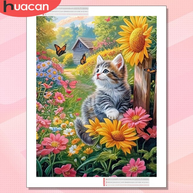 HUACAN Diamant-Mosaik Set Sonnenblume und Katze für Erwachsene, Florales Motiv in Multicolour, B/H: 30 x 20 cm - Bild 1