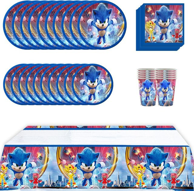 thankBUY Sonic Geburtstagsfeier Zubehör Set in Blau und Weiß, 51 Stück mit Tischdecke, Tellern, Servietten und Bechern - Bild 1