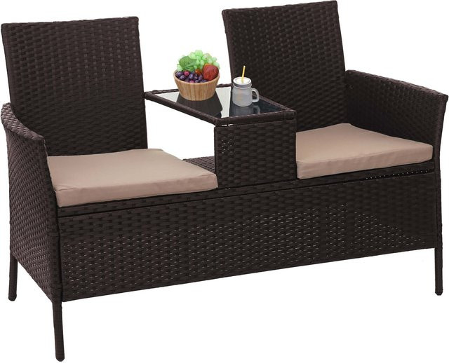 MCW Poly-Rattan Sitzbank mit Tisch E24 in Braun mit cremefarbenen Kissen, Breite: 132 cm - Bild 1