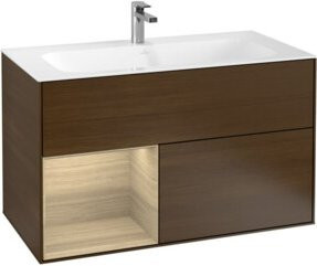 V&B Waschtischunterschrank Finion Wandbeleuchtung mit Regal links oben in Walnuss Veneer, B: 99,6 cm, H: 49,8 cm - Bild 1
