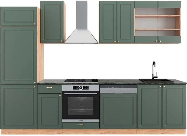 Vicco Fame-Line Küchenzeile Landhausstil in Grün, Gold und Anthrazit mit Eiche-Optik, B: 300 cm - Bild 1