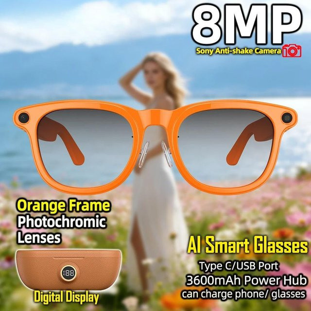 Multifunktionale KI-Smart-Brille von QLY Online mit 8MP 6-Achsen-Anti-Shake-Kamera, 1200P Videoaufnahme, photochromen Linsen und KI-Übersetzung in Orange - Bild 1
