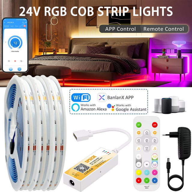 YSRSAI RGB COB LED-Streifen mit Mini-WIFI-Bluetooth-Controller für Alexa, 24V DC, 840 LEDs/m, Multicolor - Bild 1