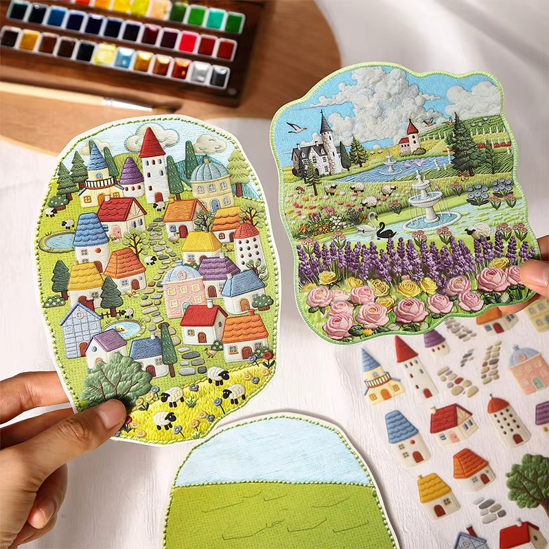 JIANQI Handgefertigte Scrapbooking Aufkleber im ländlichen Stil mit gestickter Landschaft, Multicolour, Bastelmaterial für Tagebuch und Album - Bild 2