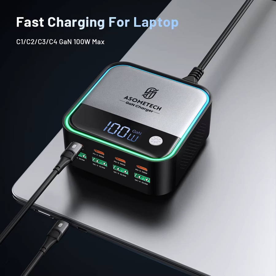 ASOMETECH GaN USB C Desktop Ladegerät mit 8 Ports und Display, 4x 100W PD PPS Schnellladegerät in Schwarz - Bild 2