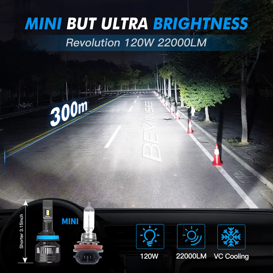 BEVINSEE H11 LED-Scheinwerferlampe 120 W mit 22000 LM und 6000 K für Autos, CANbus kompatibel - Bild 2