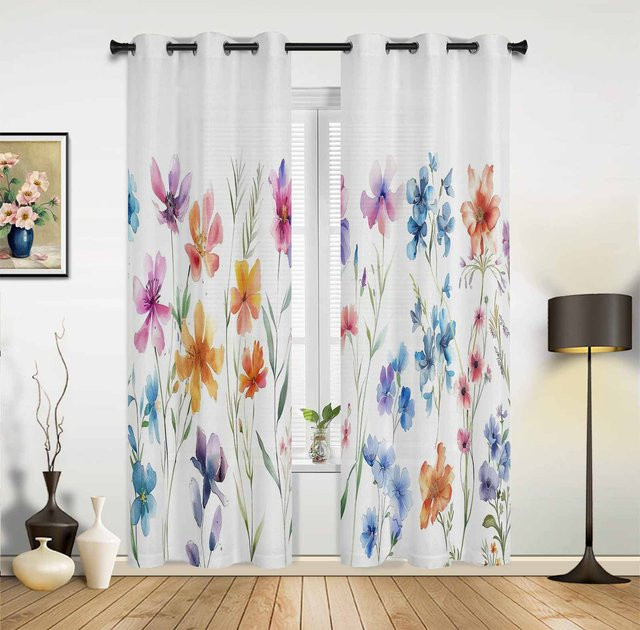Super Six Vorhang mit Aquarell Blumen und Blättern in Grau, semi-transparent, B: 135 cm, H: 60 cm - Bild 1