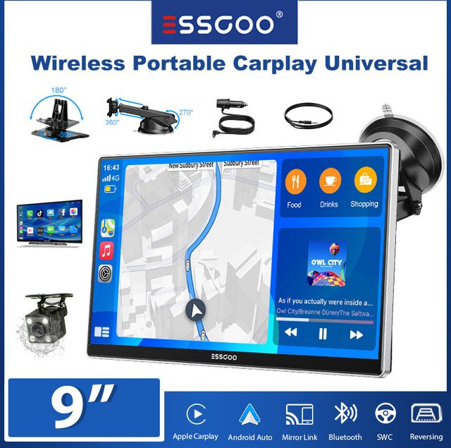 ESSGOO 9-Zoll Universelles Tragbares Carplay IPS Touchscreen Autoradio für LKWs mit Android Auto, Mirror Link, AUX, FM, USB und Bluetooth in Schwarz - Bild 1