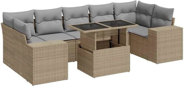vidaXL 8-teilige Garten-Sofagarnitur in L-Form aus Poly-Rattan mit Kissen in Beige-Grau - Bild 1
