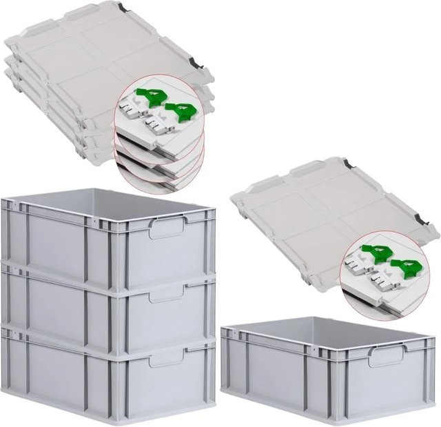 PROREGAL Spar Set 4x Eurobox Nextgen Economy mit Scharnierdeckel und grünen Schiebeschnappverschlüssen, Farbe: Grau/Grün, H x B x T: 22 x 40 x 60 cm - Bild 1