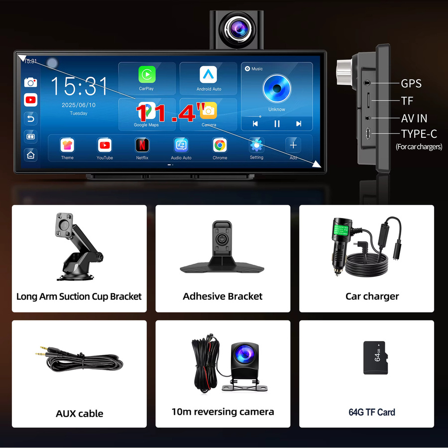 BYUJQ KI-Bildschirm mit 11,4 Zoll Android 14, 8-Kern-Prozessor, 4+64 GB, Dashcam, kabelloses CarPlay & Android Auto, Google Play, GPS-Navigation und Autovideorekorder in Schwarz - Bild 5